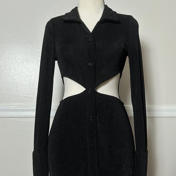 Runaway Stretchy Black Maxi Dress Cutouts Long Sleeves Collared Preppy - Picture 8 of 17